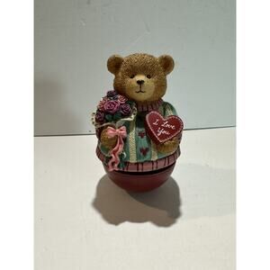 Russ Berrie Resin Musical Valentine Spinning Bear I Love You & Roses barely used